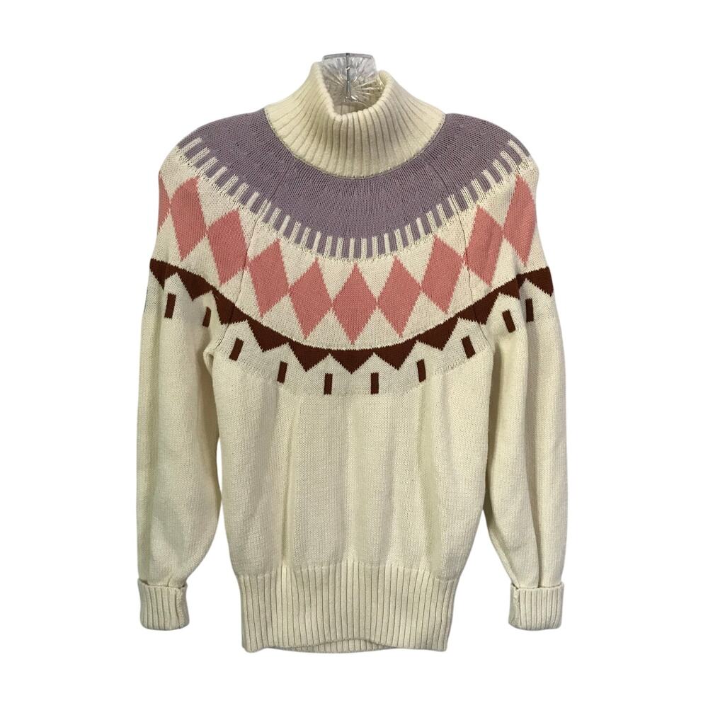 Free Assembly Sweater XS Womens Funnel Neck Cream Pastel Fair Isle Knit Sweater